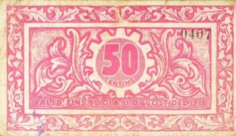 Реверс банкноты 50 centymów Pardines (Hiszpania) 1937