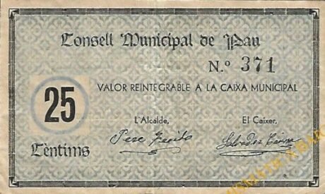 Аверс банкноты 25 сантимов Пау (Испания)