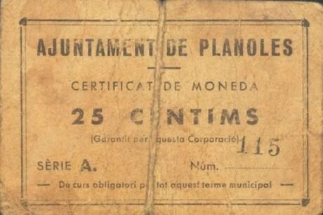Аверс банкноты 25 сантимов Планольес (Испания)