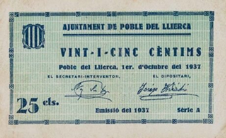 Аверс банкноты 25 centymów Poble del Llerca (Hiszpania) 1937