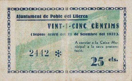 Реверс банкноты 25 centymów Poble del Llerca (Hiszpania) 1937