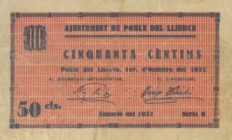 Аверс банкноты 50 centymów Poble del Llerca (Hiszpania) 1937