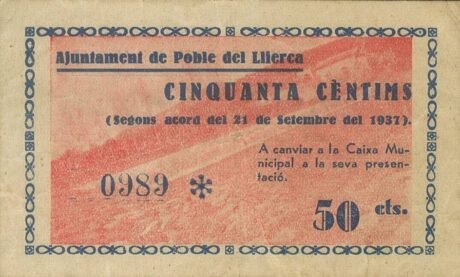 Реверс банкноты 50 centymów Poble del Llerca (Hiszpania) 1937