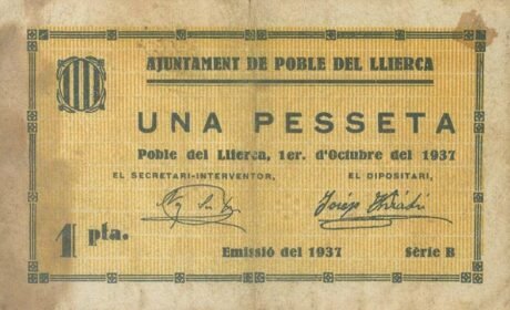 Аверс банкноты 1 peseta Poble del Llerca (Hiszpania) 1937