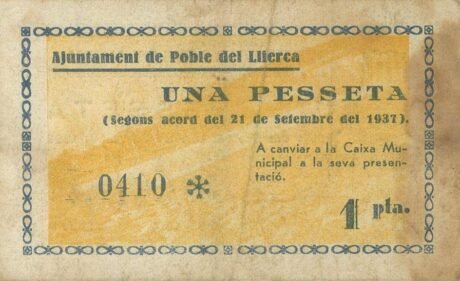 Реверс банкноты 1 peseta Poble del Llerca (Hiszpania) 1937