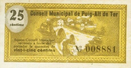 Аверс банкноты 25 centymów Puig Alt de Ter (Hiszpania) 1937