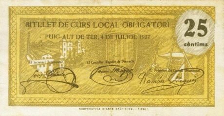 Реверс банкноты 25 centymów Puig Alt de Ter (Hiszpania) 1937