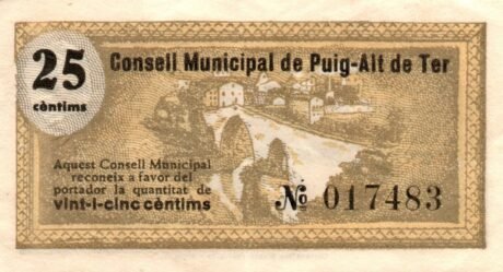 Аверс банкноты 25 centymów Puig Alt de Ter (Hiszpania) 1937