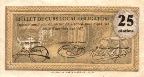 Реверс банкноты 25 centymów Puig Alt de Ter (Hiszpania) 1937