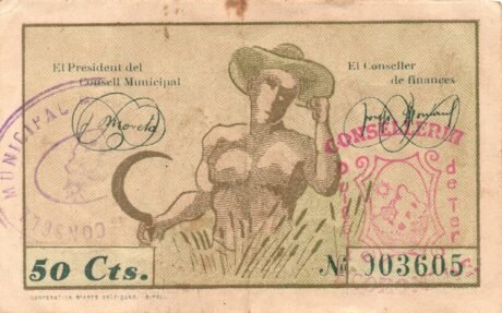 Реверс банкноты 50 centymów Puig Alt de Ter (Hiszpania) 1937