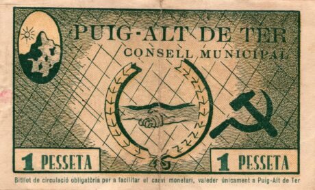 Аверс банкноты 1 Peseta Puig Alt de Ter (Spain) 1937