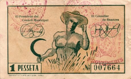Реверс банкноты 1 Peseta Puig Alt de Ter (Spain) 1937