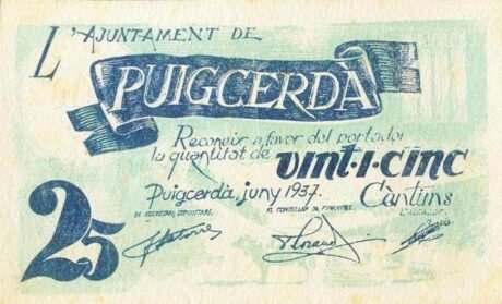 Аверс банкноты 25 сантимов Пучсерда (Испания) 1937 года