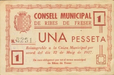 Аверс банкноты 1 peseta Ribes de Fraser (Hiszpania) 1937