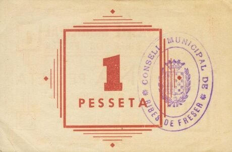 Реверс банкноты 1 peseta Ribes de Fraser (Hiszpania) 1937