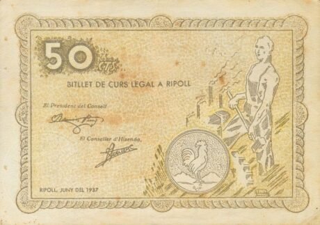 Реверс банкноты 50 centymów Ripoll (Hiszpania) 1937