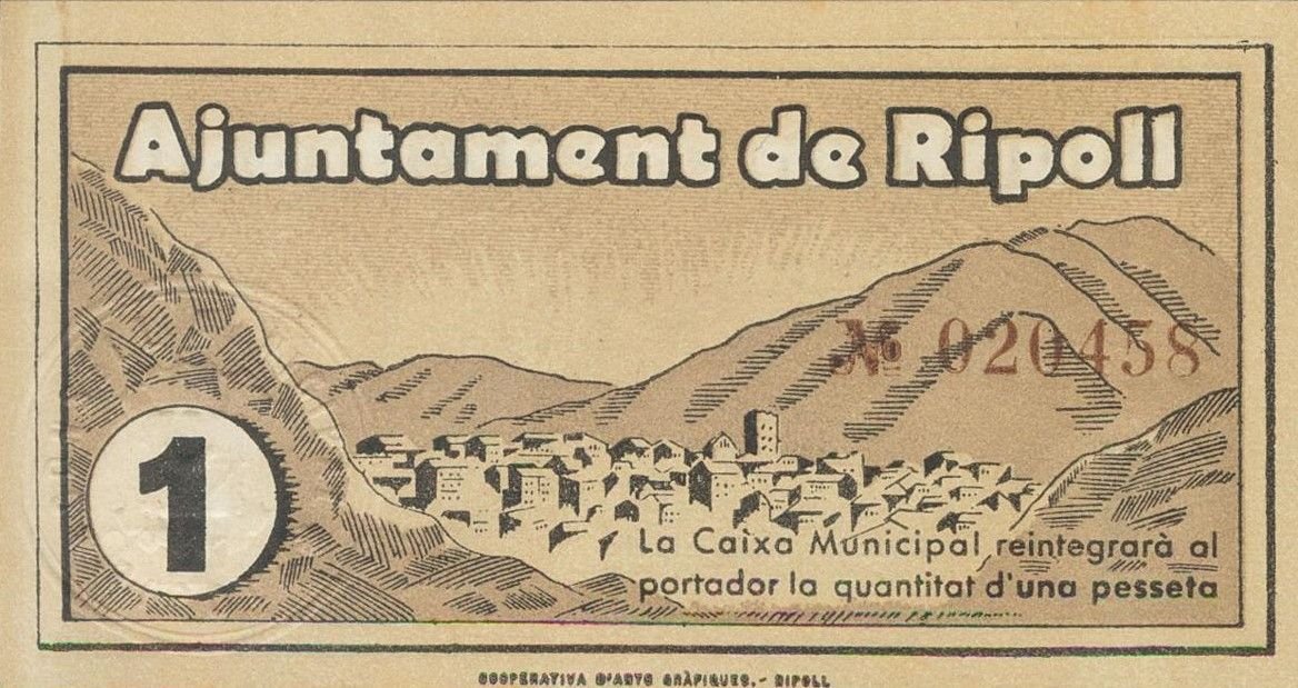 Реверс банкноты 1 песета Риполь (Испания) 1937 года