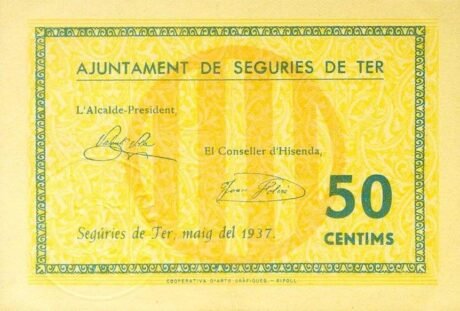 Аверс банкноты 50 сантимов Сегуриес де Тер (Испания) 1937 года