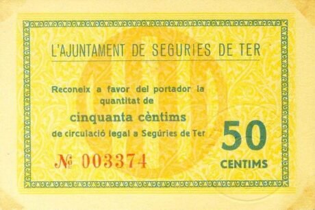 Реверс банкноты 50 сантимов Сегуриес де Тер (Испания) 1937 года