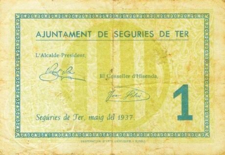 Аверс банкноты 1 песета Сегуриес де Тер (Испания) 1937 года