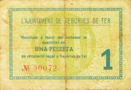 Реверс банкноты 1 песета Сегуриес де Тер (Испания) 1937 года