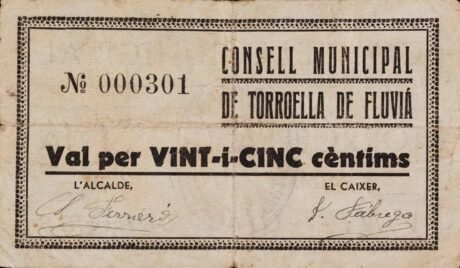 Аверс банкноты 25 сантимов Торроэлья де Флувиа (Испания)
