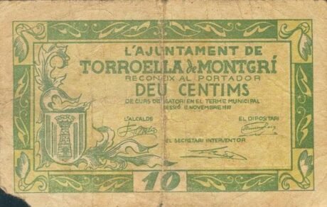 Аверс банкноты 10 centymów Torroella de Montgri (Hiszpania) 1937