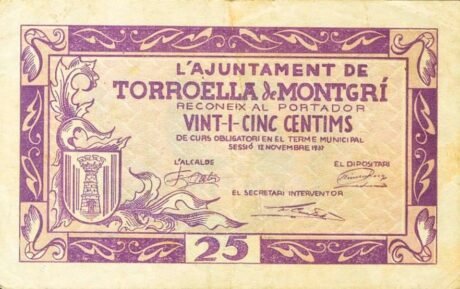 Аверс банкноты 25 сантимов Торроэлья де Монтгри (Испания) 1937 года