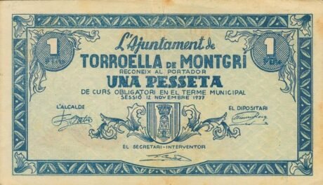 Аверс банкноты 1 peseta Torroella de Montgri (Hiszpania) 1937
