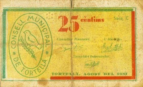 Аверс банкноты 25 centymów Tortella (Hiszpania) 1937