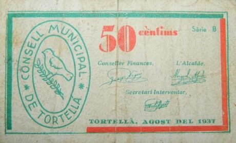 Аверс банкноты 50 centymów Tortellà (Hiszpania) 1937