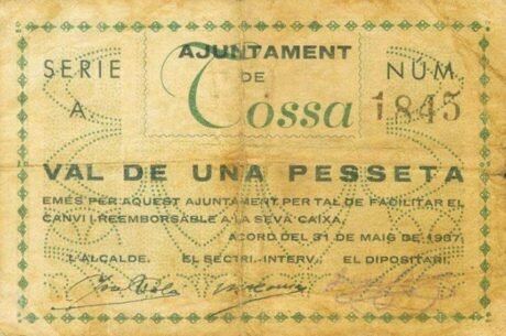 Аверс банкноты 1 peseta Tossa (Spain) 1937