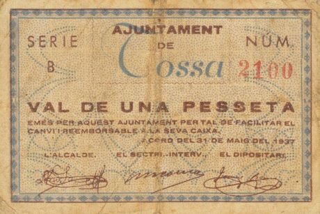 Аверс банкноты 1 peseta Tossa (Spain) 1937