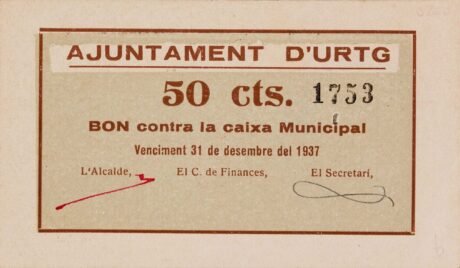 Аверс банкноты 50 сантимов Уртг (Испания) 1937 года