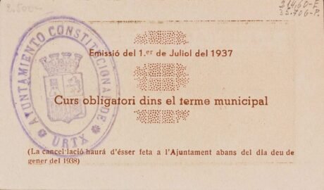 Реверс банкноты 1 песета Уртг (Испания) 1937 года