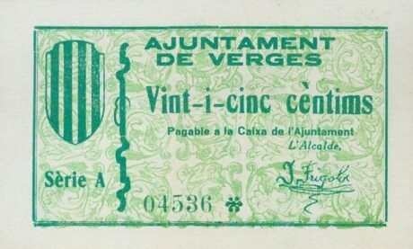 Awers banknotu 25 centymów Verges (Hiszpania) 1937