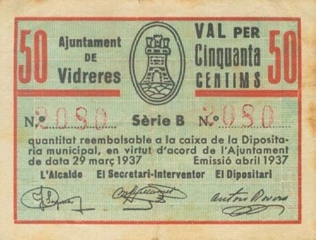 Аверс банкноты 50 centymów Vidreres (Hiszpania) 1937