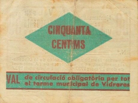 Реверс банкноты 50 centymów Vidreres (Hiszpania) 1937