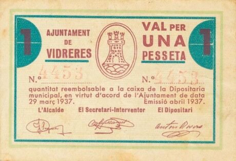 Аверс банкноты 1 Песета Видререс (Испания) 1937 года