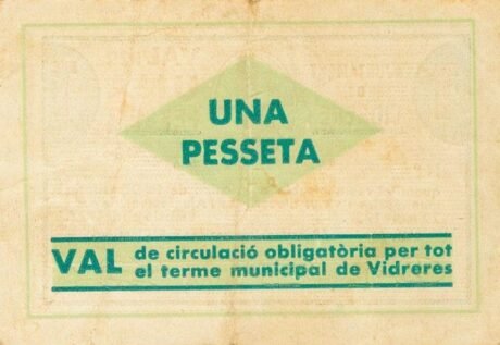 Реверс банкноты 1 Песета Видререс (Испания) 1937 года