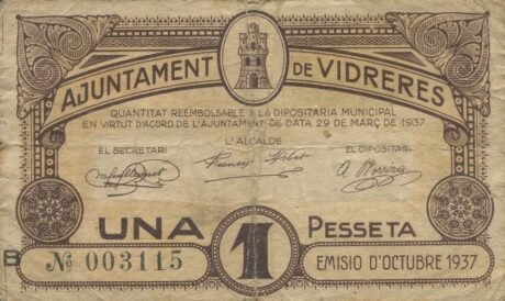 Аверс банкноты 1 Песета Видререс (Испания) 1937 года