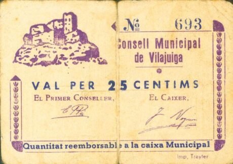 Аверс банкноты 25 centymów Vilajuiga (Hiszpania)