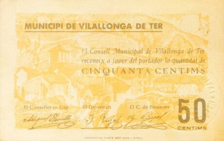 Аверс банкноты 50 сантимов Вилалонга де Тер (Испания) 1937 года