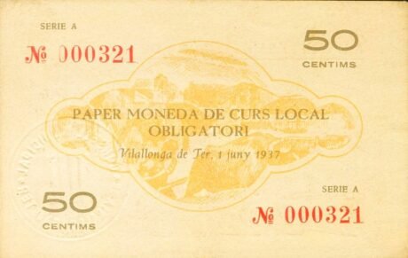 Реверс банкноты 50 сантимов Вилалонга де Тер (Испания) 1937 года