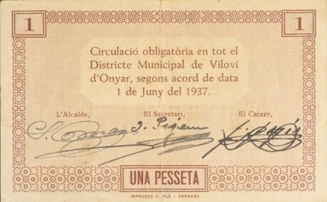 Реверс банкноты 1 peseta Vilovi d'Ognar (Hiszpania) 1937