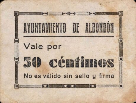 Аверс банкноты 50 centymów Albondon (Hiszpania)