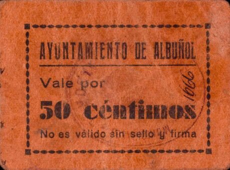 Аверс банкноты 50 сантимов Альбуньоль (Испания) 1937 года