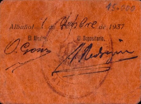 Реверс банкноты 50 сантимов Альбуньоль (Испания) 1937 года