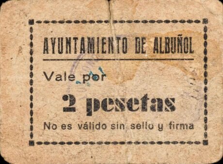 Аверс банкноты 2 песеты Альбуньоль (Испания) 1937 года