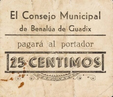 Аверс банкноты 25 centymów Benalua de Guadix (Hiszpania)
